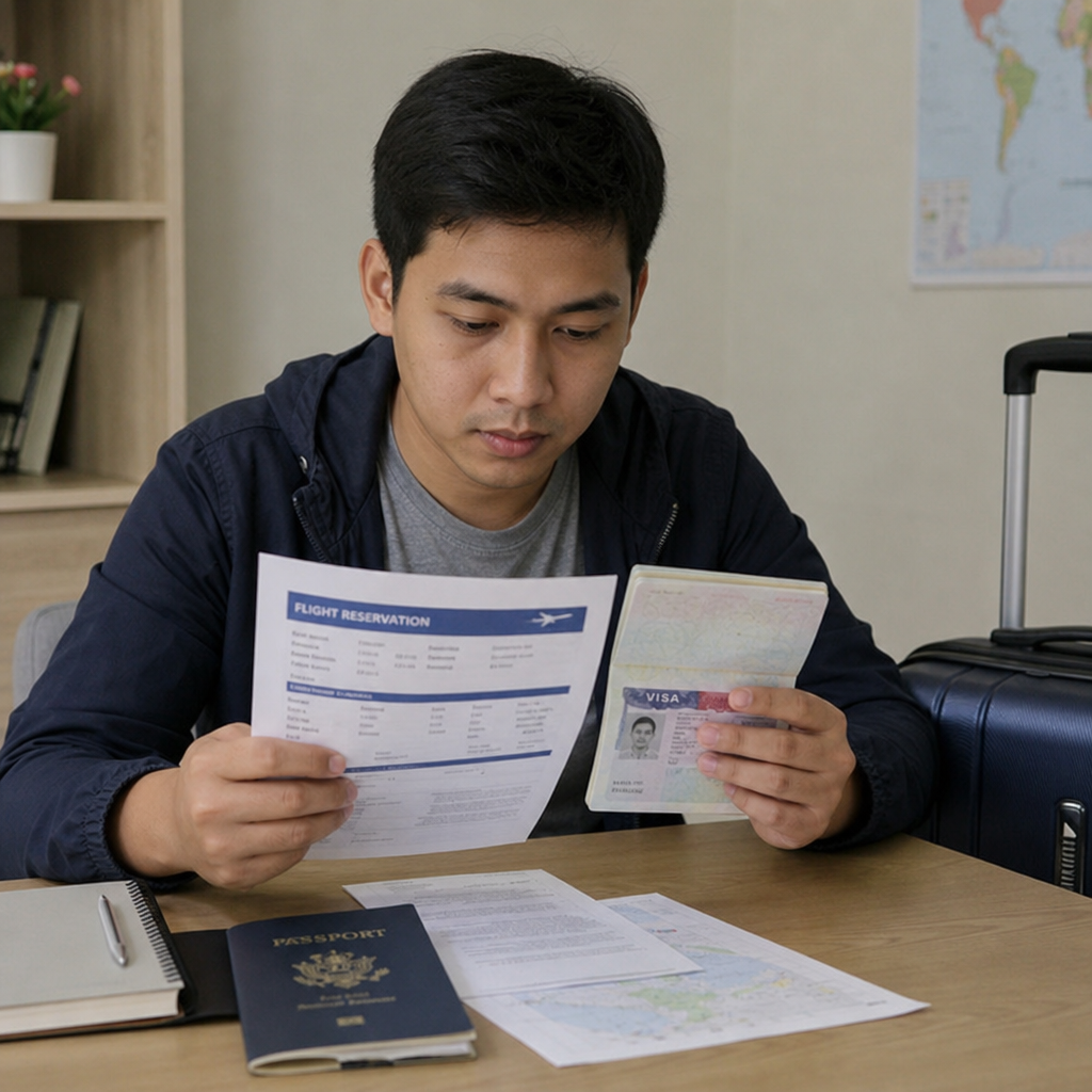 traveler reviewing a printed flight reservation and visa documents