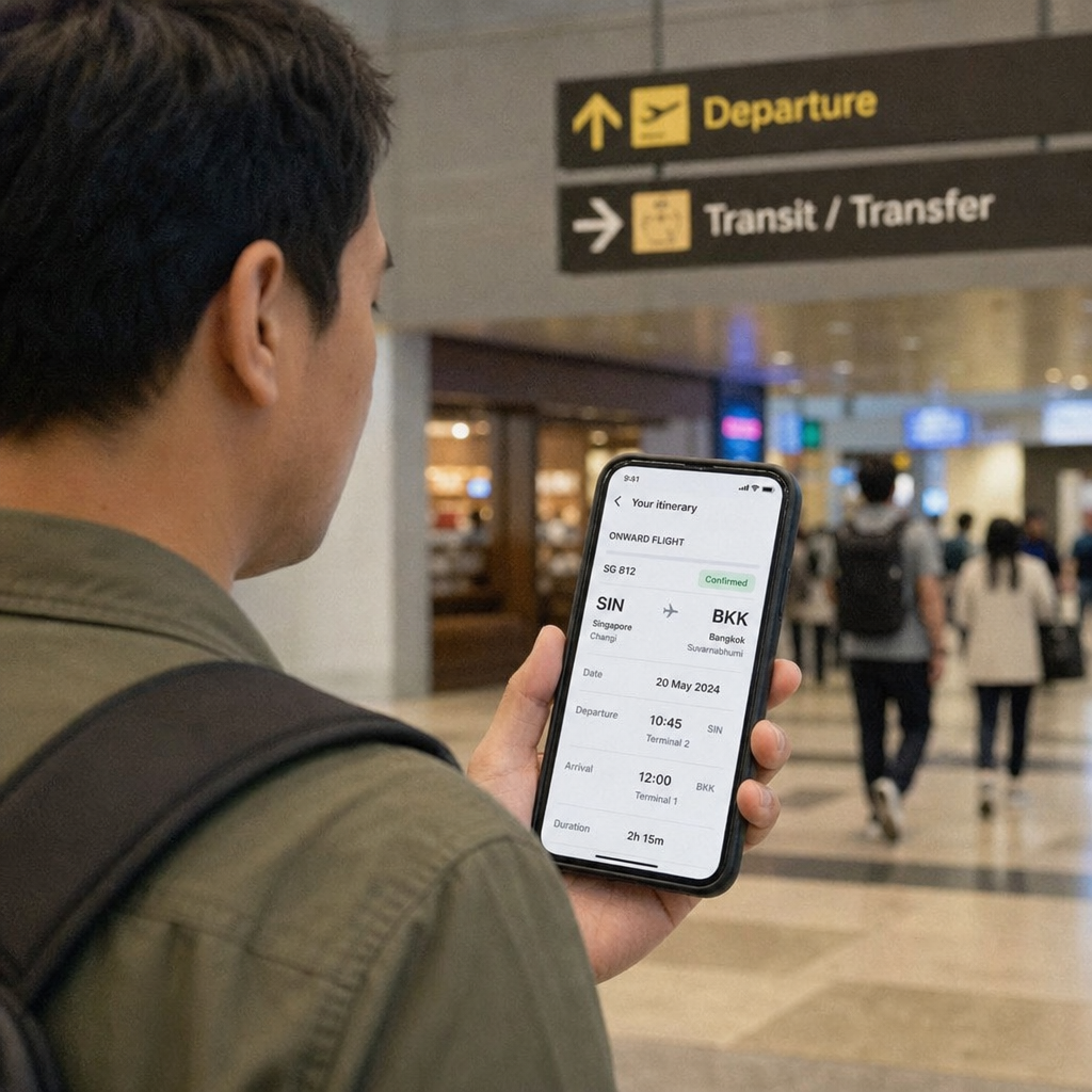 traveler checking an onward flight itinerary on a phone