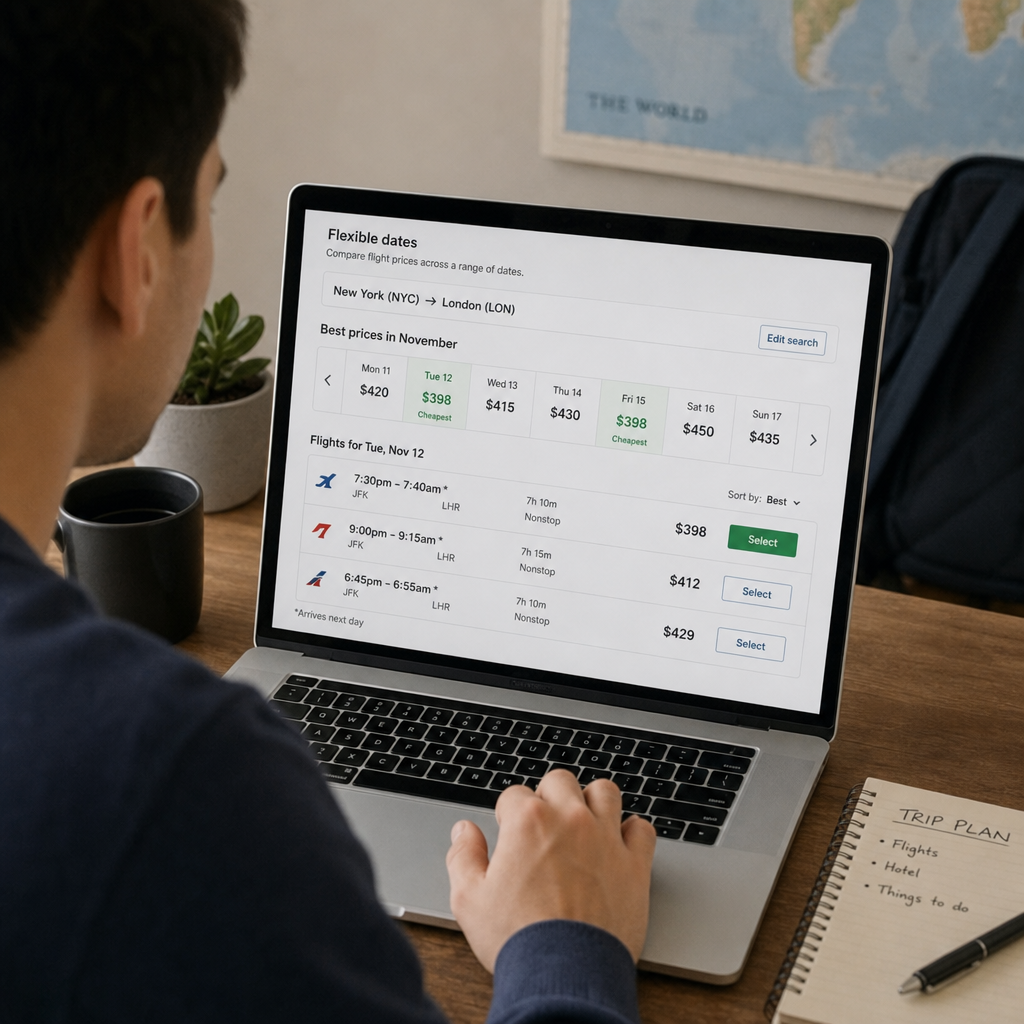 Traveler comparing flexible flight options on a laptop